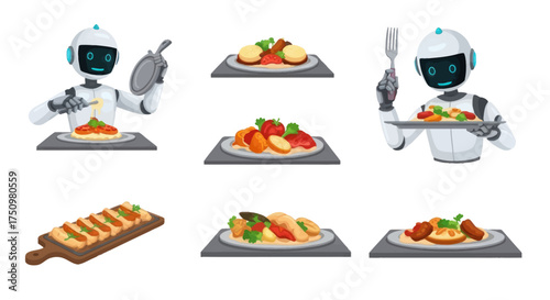 Robotic chefs preparing and serving delicious meals with fresh ingredients.