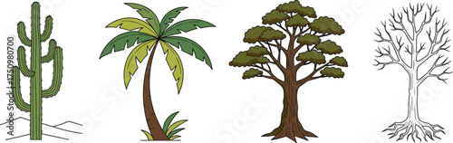 Vector illustration set of cactus, palm, broadleaf, and bare trees for desert, tropical, deciduous, and seasonal nature themes