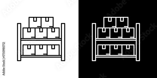 Single icon of Warehouse shelving units stocked with boxed goods, depicted in a clean line art style on white and black backgrounds