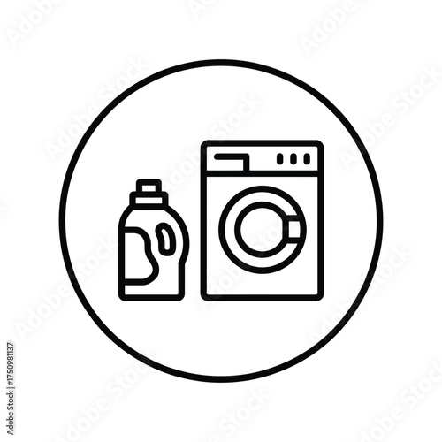 Simple line art icon of a washing machine and laundry detergent bottle inside a circle