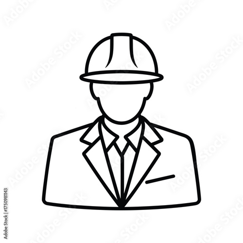 Simple line drawing icon of a professional engineer wearing a hard hat and suit