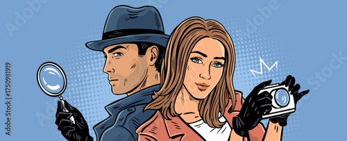 Detective duo banner woman with camera and man with magnifier