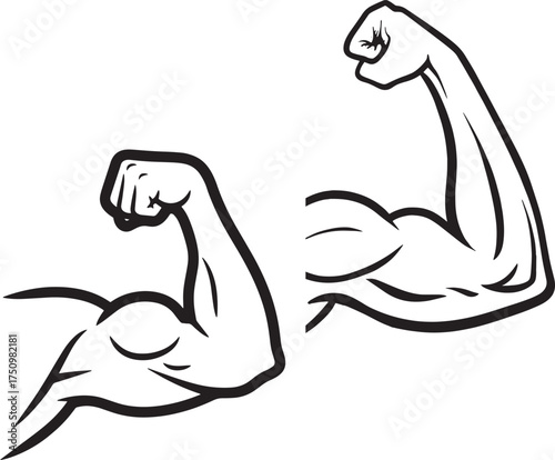 black and white vector illustration set of a powerful, muscular arm flexing the bicep with a clenched fist, symbolizing strength, fitness, power, and determination.