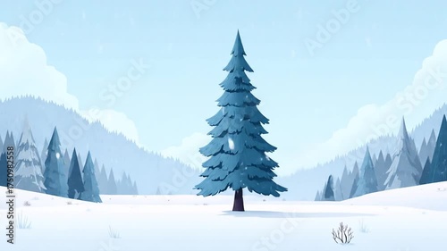 Serene winter landscape with a lone evergreen tree in a snowy field, framed by distant mountains, beautiful cartoon illustration.
