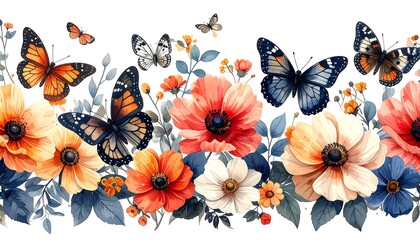 A floral border design showcases vibrant butterflies and colorful poppies against a crisp white backdrop