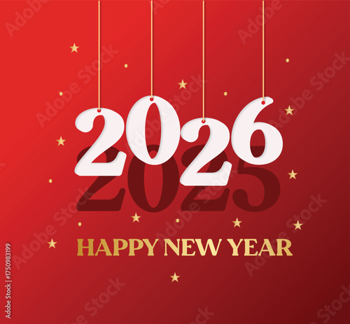 White 2026 numerals dangle above gold Happy New Year against a red backdrop