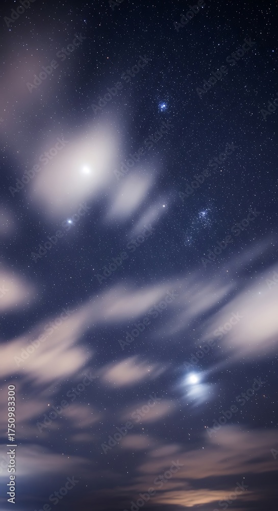 Naklejka premium Night Sky Canvas - A Dreamy Dance of Stars and Clouds.