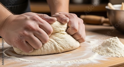 Hands Kneading Dough on a Flour-Dusted Surface for Baking.
