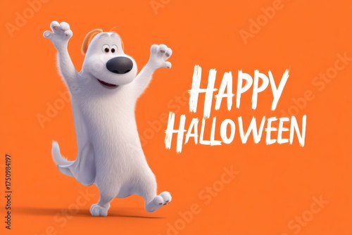 Dog Dressed as a Ghost for Halloween Dancing on an Orange Background. MZ 