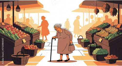 Elderly woman with a cane walks through a bustling market, surrounded by produce stands and other shoppers.