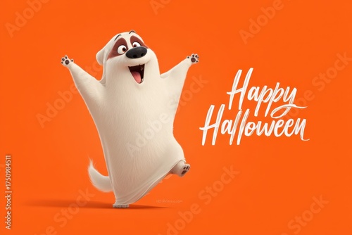 Dog Dressed as a Ghost for Halloween Dancing on an Orange Background. MZ 