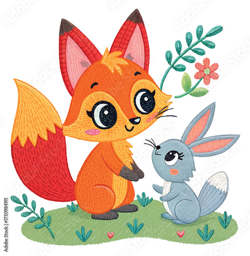 Charming cartoon fox and bunny friends sharing a flower in a whimsical meadow, perfect for children's books and playful designs, radiating friendship and joy