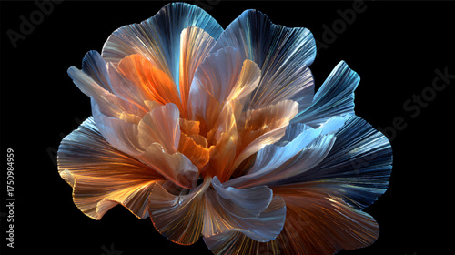 An abstract flower-like shape made of translucent materials, featuring shades of blue and orange against a dark background