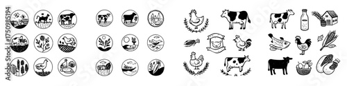 Set of hand drawn icons representing farm life, livestock, and agricultural crops