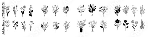 Hand drawn wild flower bouquets and single stems in black and white sketch style