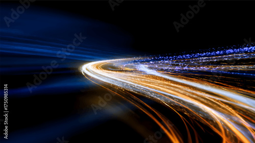 An abstract representation of swirling cosmic energy with blue and orange lines against a black background, evoking a sense of motion and depth in space