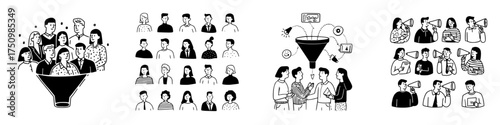 Business process funnel and communication icons set with diverse people avatars