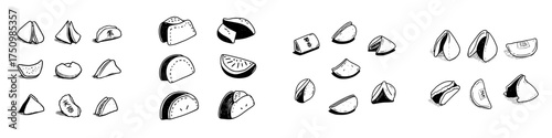 Hand drawn assortment of fortune cookies and folded pastry shapes