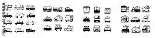 Collection of stylized black and white public and private transportation vehicles