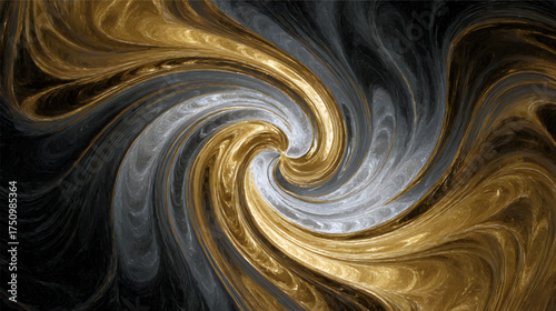A swirling abstract pattern featuring gold and gray tones, creating a dynamic and fluid visual effect