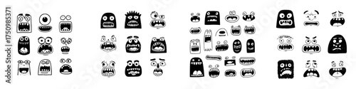Funny cartoon monster faces and expressive mouths with sharp teeth