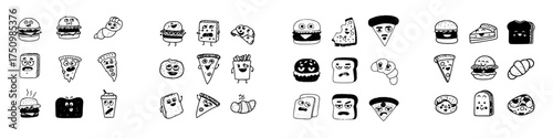 Collection of doodle fast food icons featuring funny expressive faces