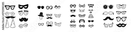 Hand drawn collection of funny disguise props including glasses masks and mustaches