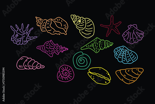 Collection of colorful neon outline illustrations of various seashells and marine life against a black background