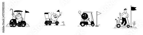 Collection of cartoon golfers and anthropomorphic golf balls driving carts