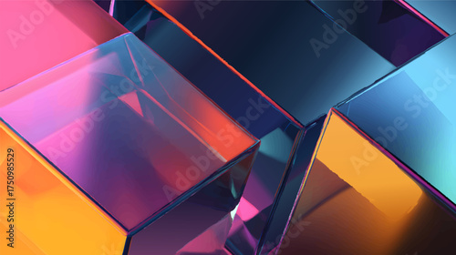 Abstract geometric shapes with vibrant colors and reflections isolated on bright background