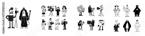 Diverse characters operating cameras for filming and photography projects