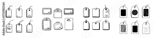 Hand drawn set of blank price tags and various retail labels