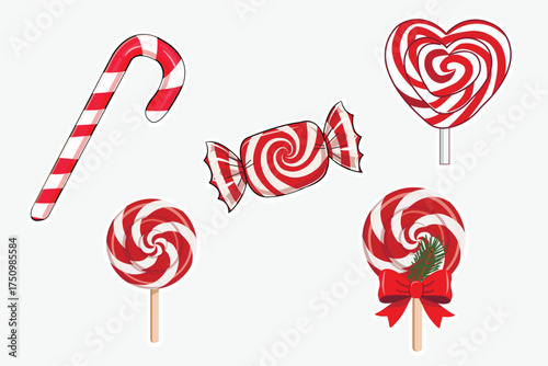 A set of Christmas stickers with Christmas candy canes of different shapes and sizes