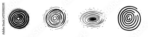 Four abstract hand drawn spiral shapes with rough grunge texture
