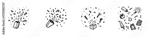 Hand drawn set of confetti and party popper explosion elements