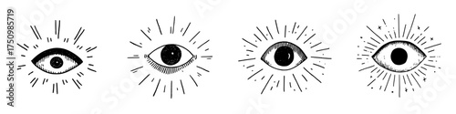 Set of four mystical shining eye symbols in black and white sketch style