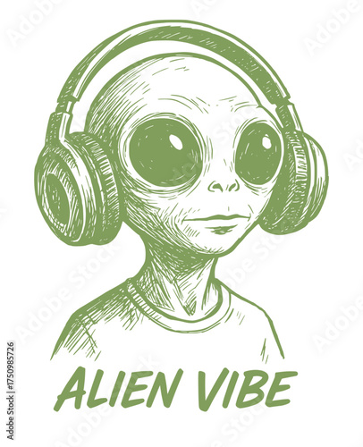 Alien wearing headphones and listening to music. Hand-drawn pen and ink drawing vector illustration in monochrome graphic style.