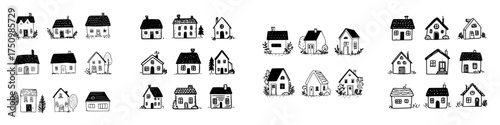 Hand drawn doodle style simple house icons and various buildings