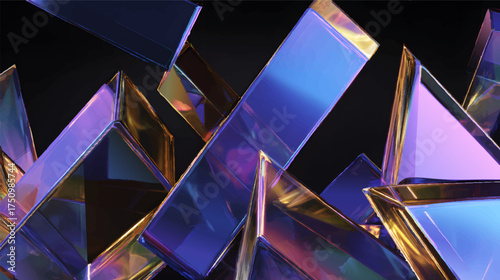 Abstract geometric shapes with reflective surfaces and gradient colors isolated on black background.