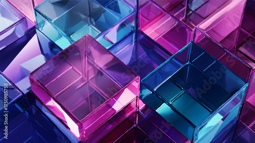 Abstract geometric shapes with reflective surfaces and gradient colors isolated on black background.