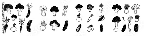 Quirky hand drawn doodle set of various fresh vegetables with expressive faces