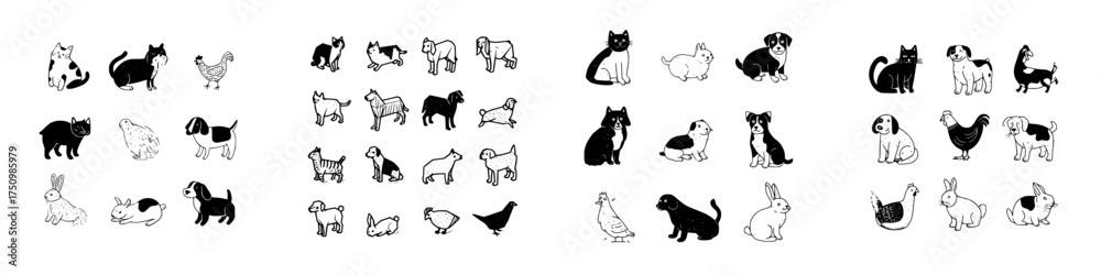Obraz premium Collection of hand-drawn domestic and farm animal icons in black and white style