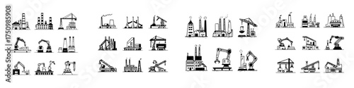 Set of industrial factory and robotic arm icons for manufacturing and construction processes
