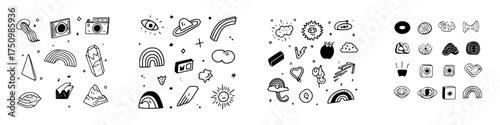 Abstract doodle icons set of celestial bodies and mystical elements