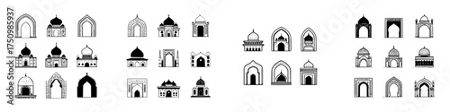 Hand drawn Islamic architecture elements and ornate entrance arches