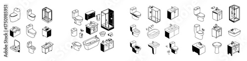 Isometric black and white bathroom fixtures icons set