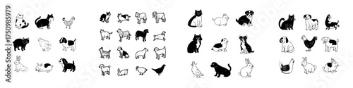 Collection of hand-drawn domestic and farm animal icons in black and white style
