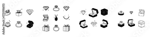 Hand drawn icons of diamond jewelry and gift shapes