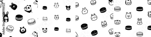 Cute animal faces and macarons seamless pattern in doodle style