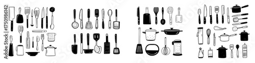 Hand drawn icons of various kitchen utensils and cookware for cooking